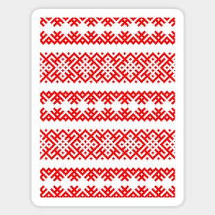 Ethno Slavic Pattern - Bogoroditsa - Symbol Horizontal - Pagan Obereg - Scarlet Red on White Ornament Magnet